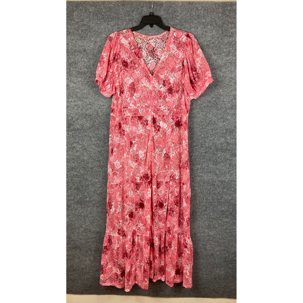 Chico's Floral Lace Maxi Dress Women's 1X Pink Excellent Tiered‎ Puff Sleeve